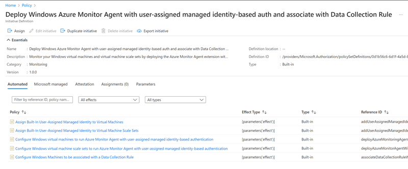 Partial screenshot from the Azure Policy Definitions page showing two built-in policy initiatives for configuring the Azure Monitor agent.