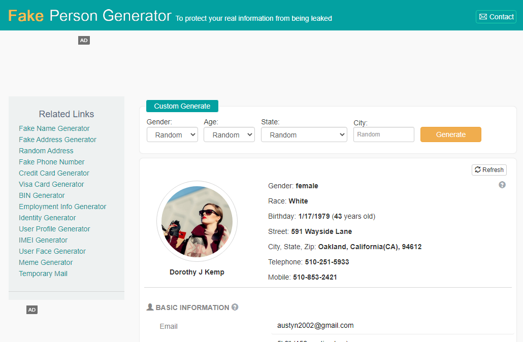 Screenshot of the Fake Person Generator user interface