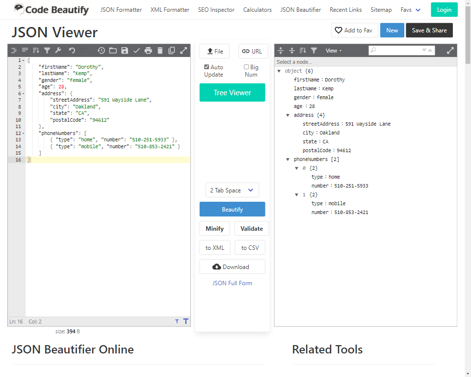 JSON Viewer and JSON Beautifier Online - snippset