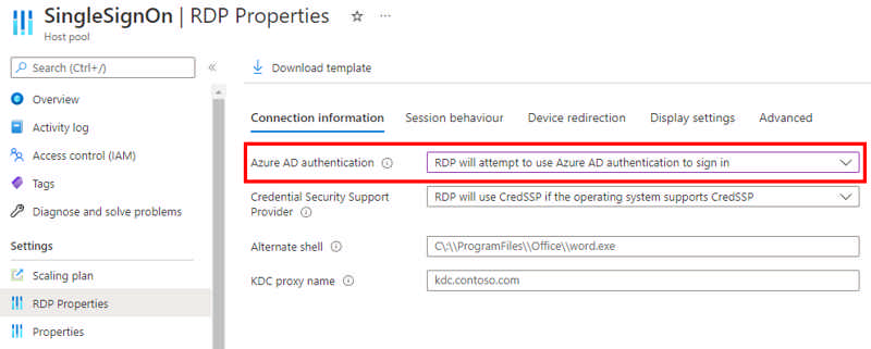 thumbnail image 1 captioned New Azure AD authentication RDP property in the Azure Virtual Desktop portal.