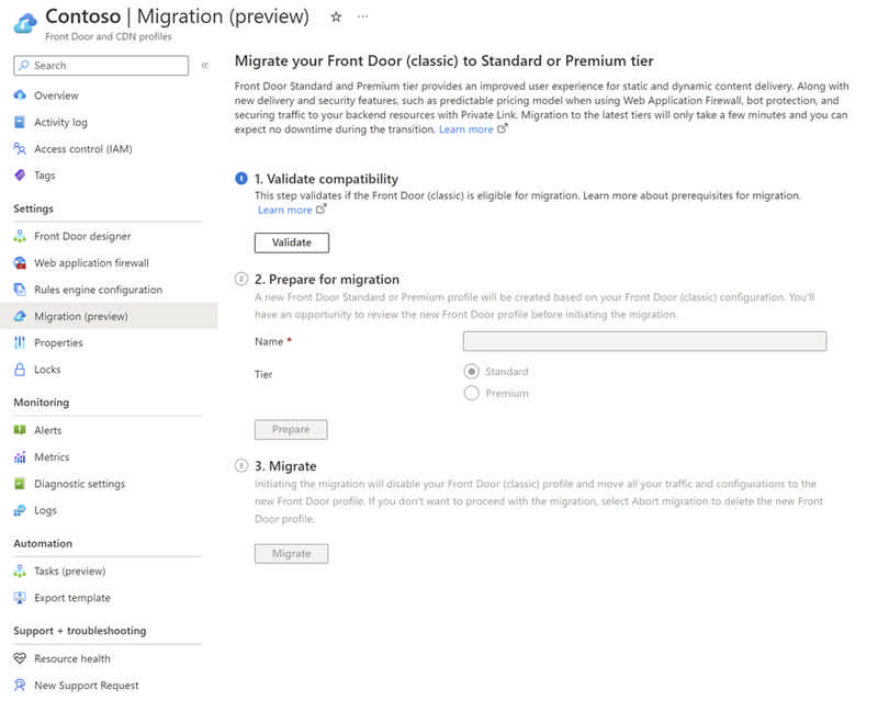 Screenshot of the form used to initiate migration from classic Front Door to a Front Door Standard or Premium profile.
